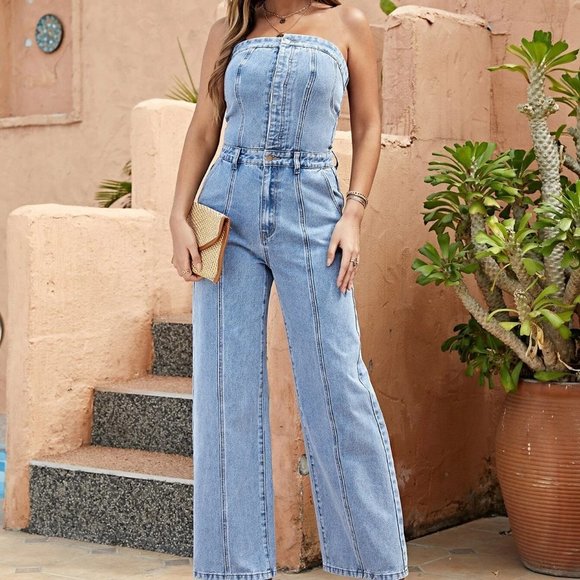 . Pants - Blue Casual Womens Slant Pocket Wide Leg Denim Jumpsuit